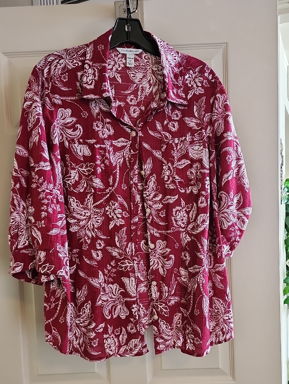 Christopher & Banks Wine Red Floral Button-Front Blouse
